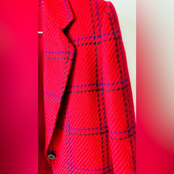 Vintage  Red Wool Pane Style Plaid Blazer By BERNARD HOLTZMAN Size 14 - Picture 6 of 13